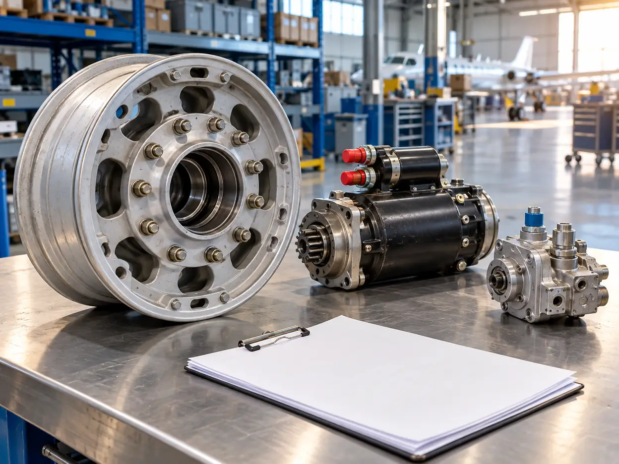 Aircraft wheel hub, starter-generator and hydraulic pump on a receiving bench