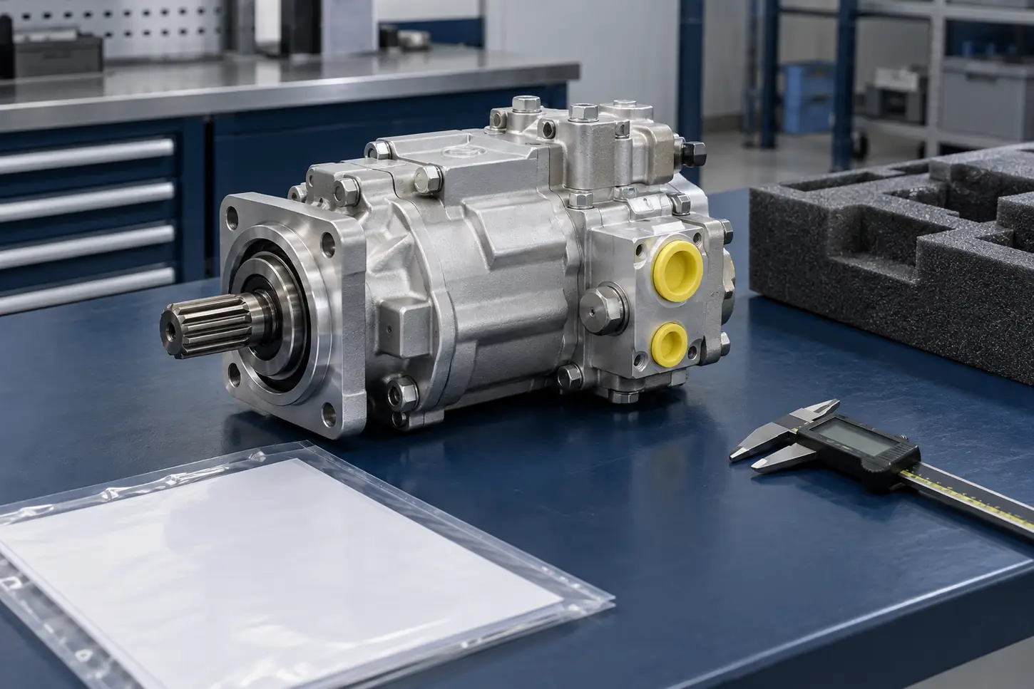 Capped aircraft hydraulic pump beside inspection tools and documentation pouch