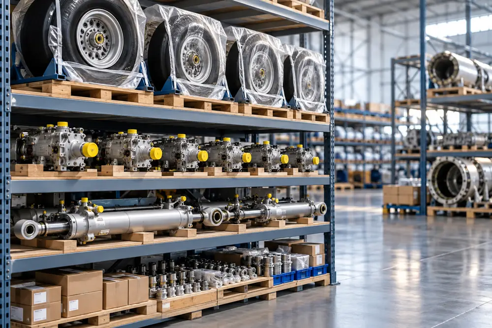 Protected aircraft wheels, hydraulic pumps and actuators in a parts warehouse