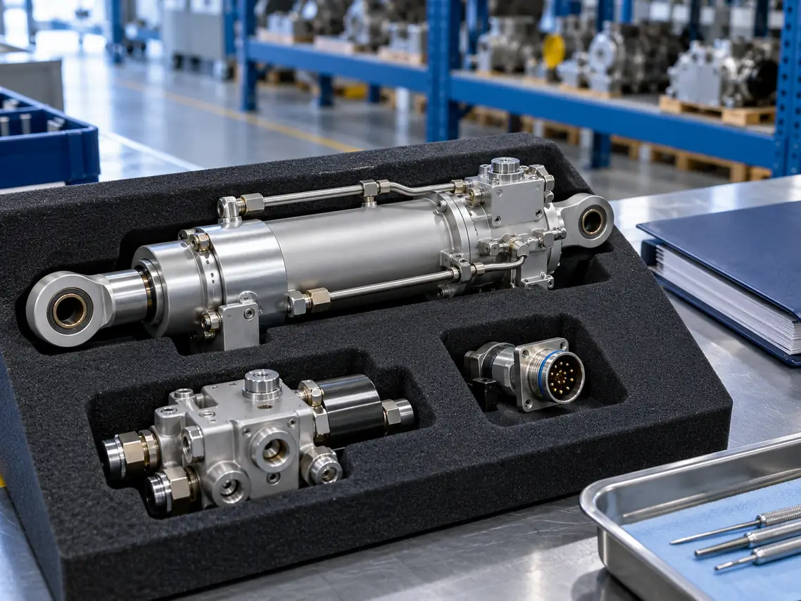 Protected aircraft actuator, valve and connector on a parts inspection bench