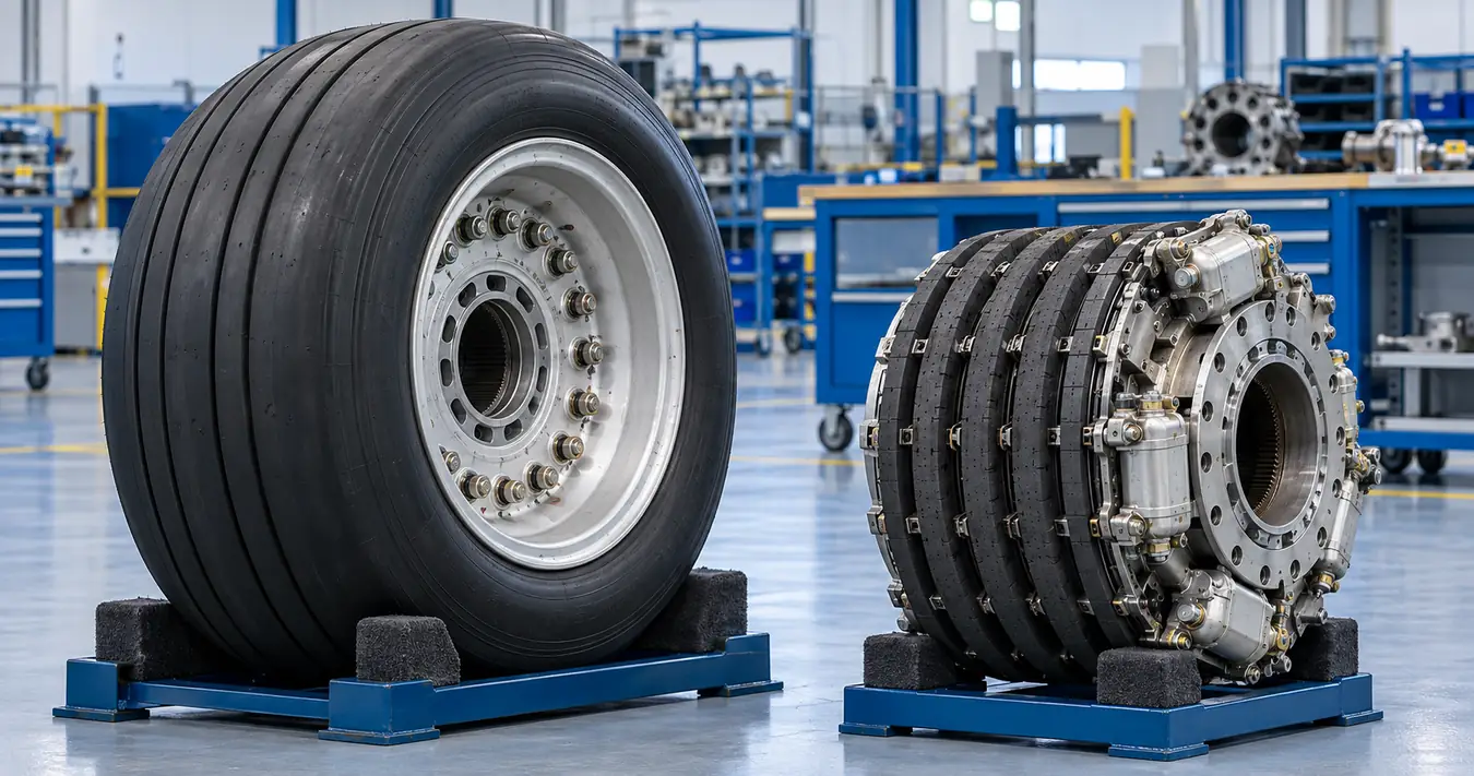 Aircraft wheel and separate multi-disc carbon brake assembly in a component workshop