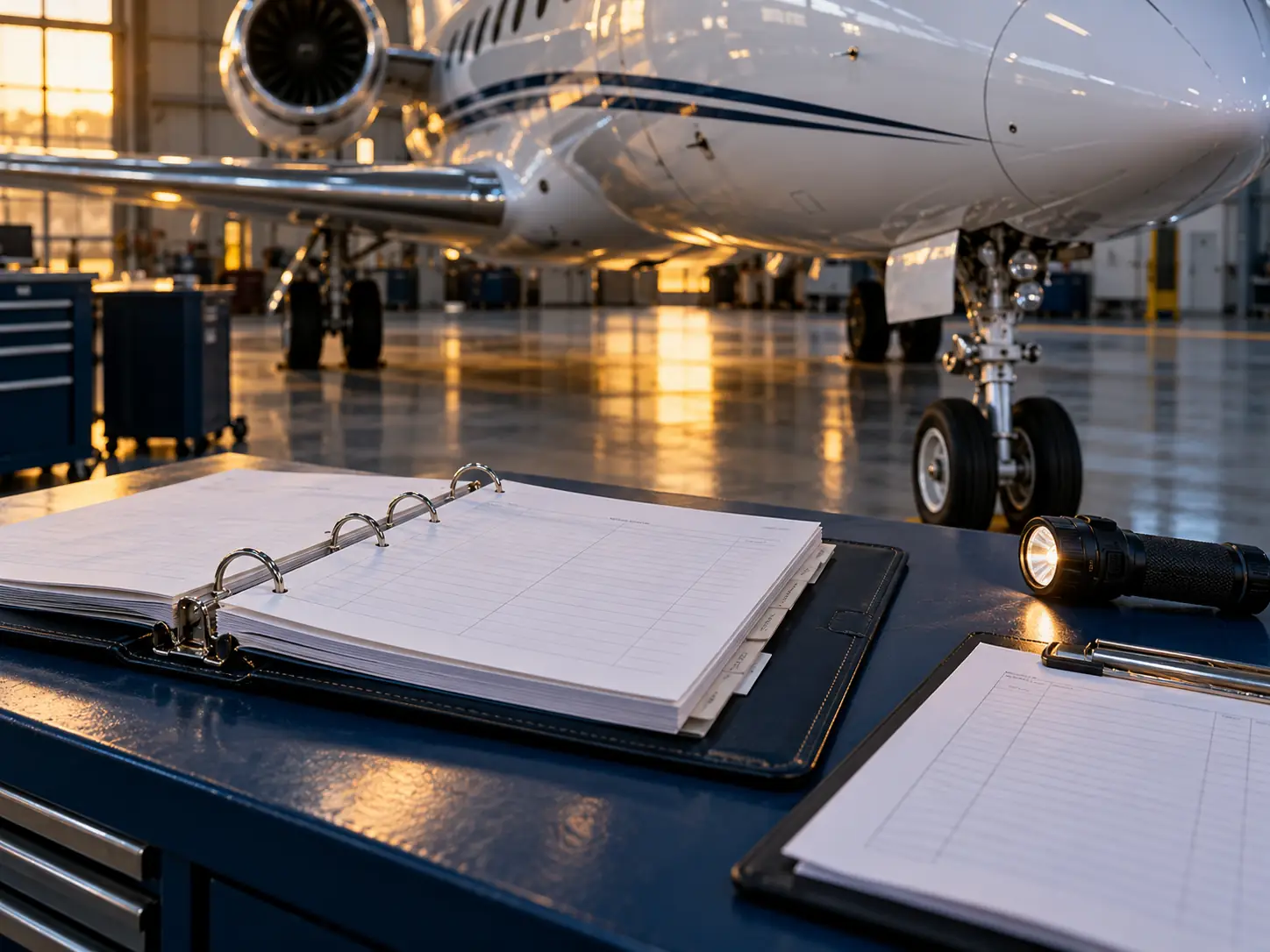 Aircraft records prepared for review beside a business jet