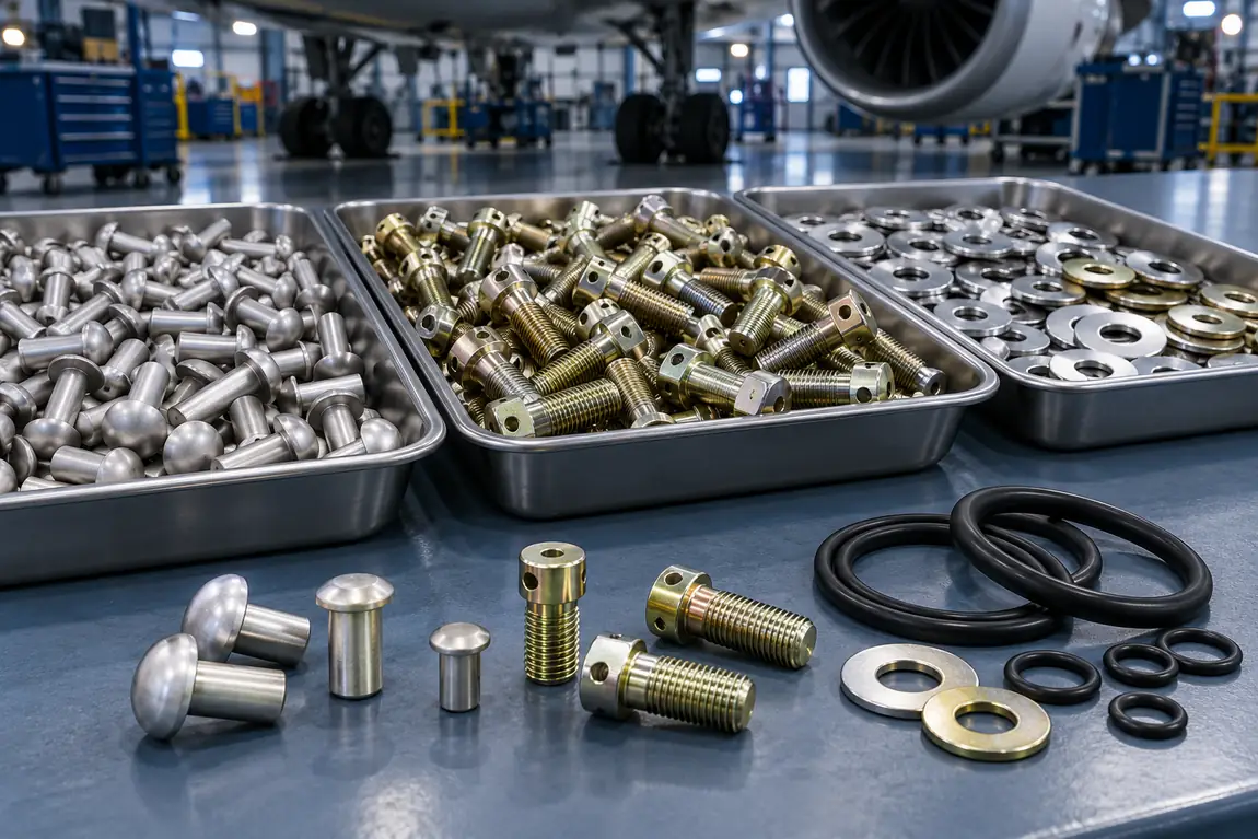 Airplane parts including rivets, drilled-head fasteners, washers and O-ring seals