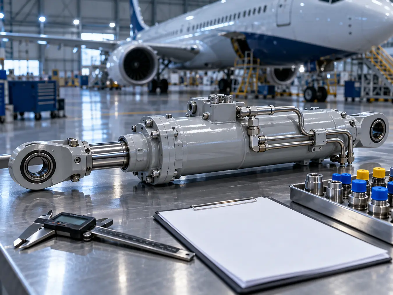 Airplane hydraulic actuator on an inspection bench with paperwork and measurement tools