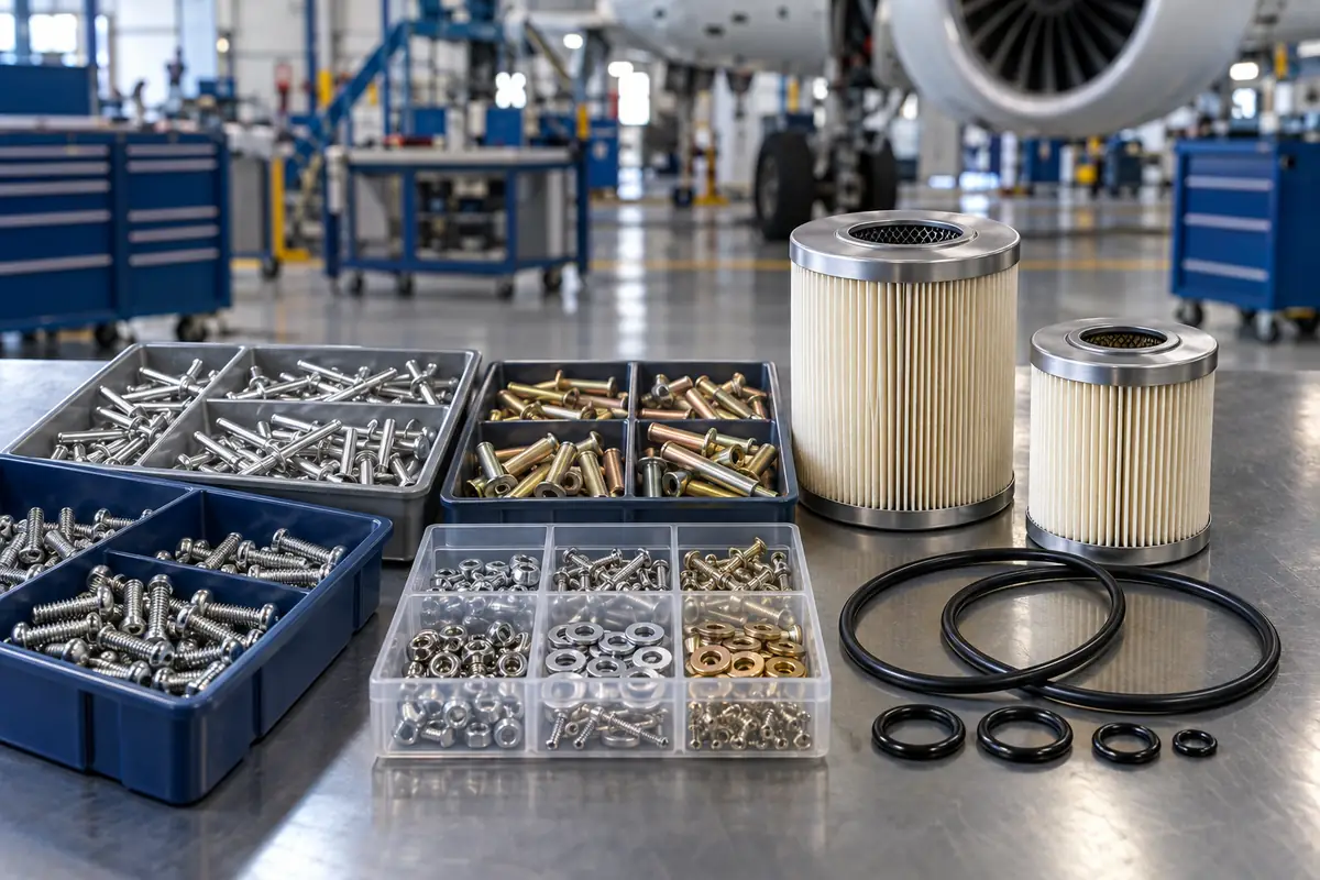 Aviation parts including filters, O-ring seals, rivets and standard hardware
