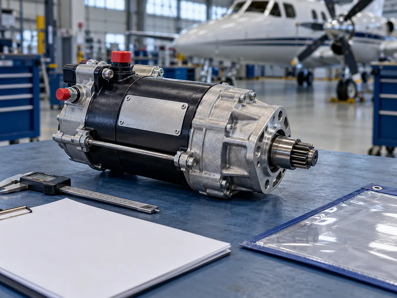 Aviation component on an inspection bench with receiving paperwork and a caliper