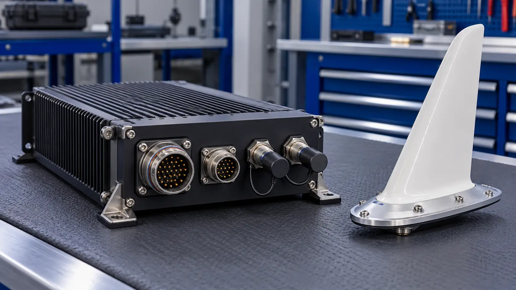 Aircraft communication radio and blade antenna on an inspection bench