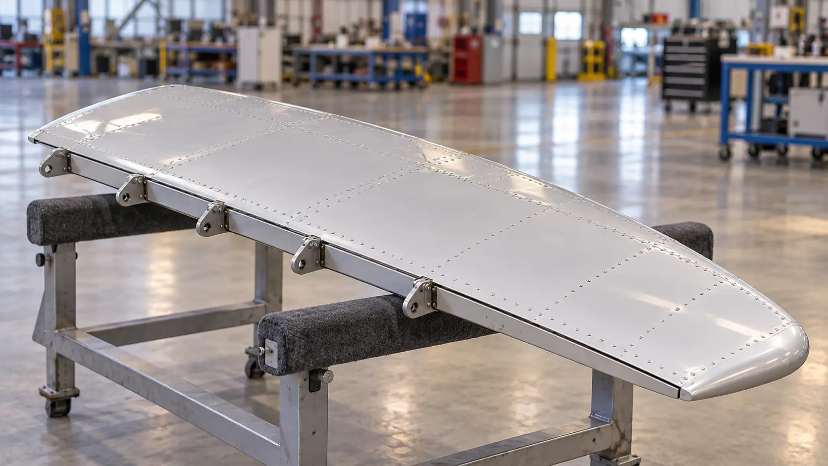 Detached aircraft control surface assembly on a padded stand