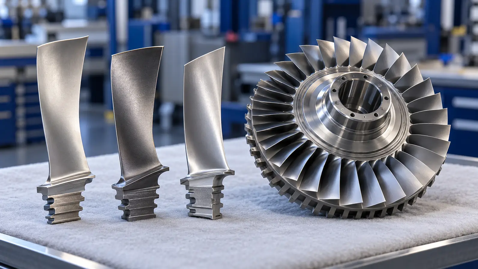 Aircraft turbine blades and a compressor disc on a workbench