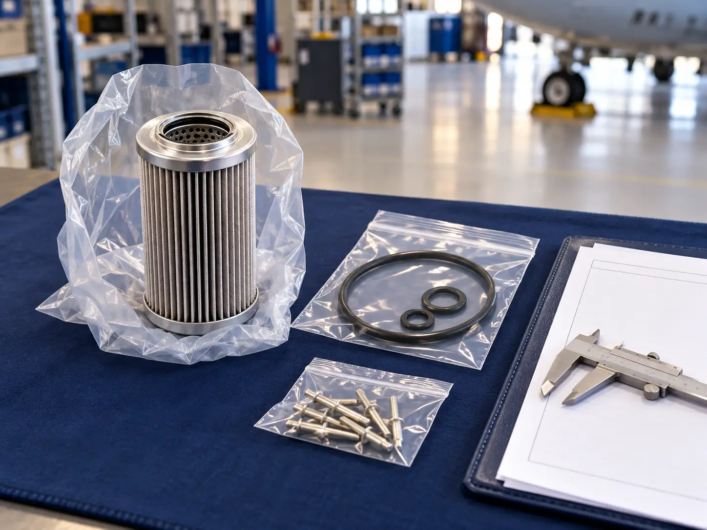 Packaged aircraft filter, seals and rivets with inspection records