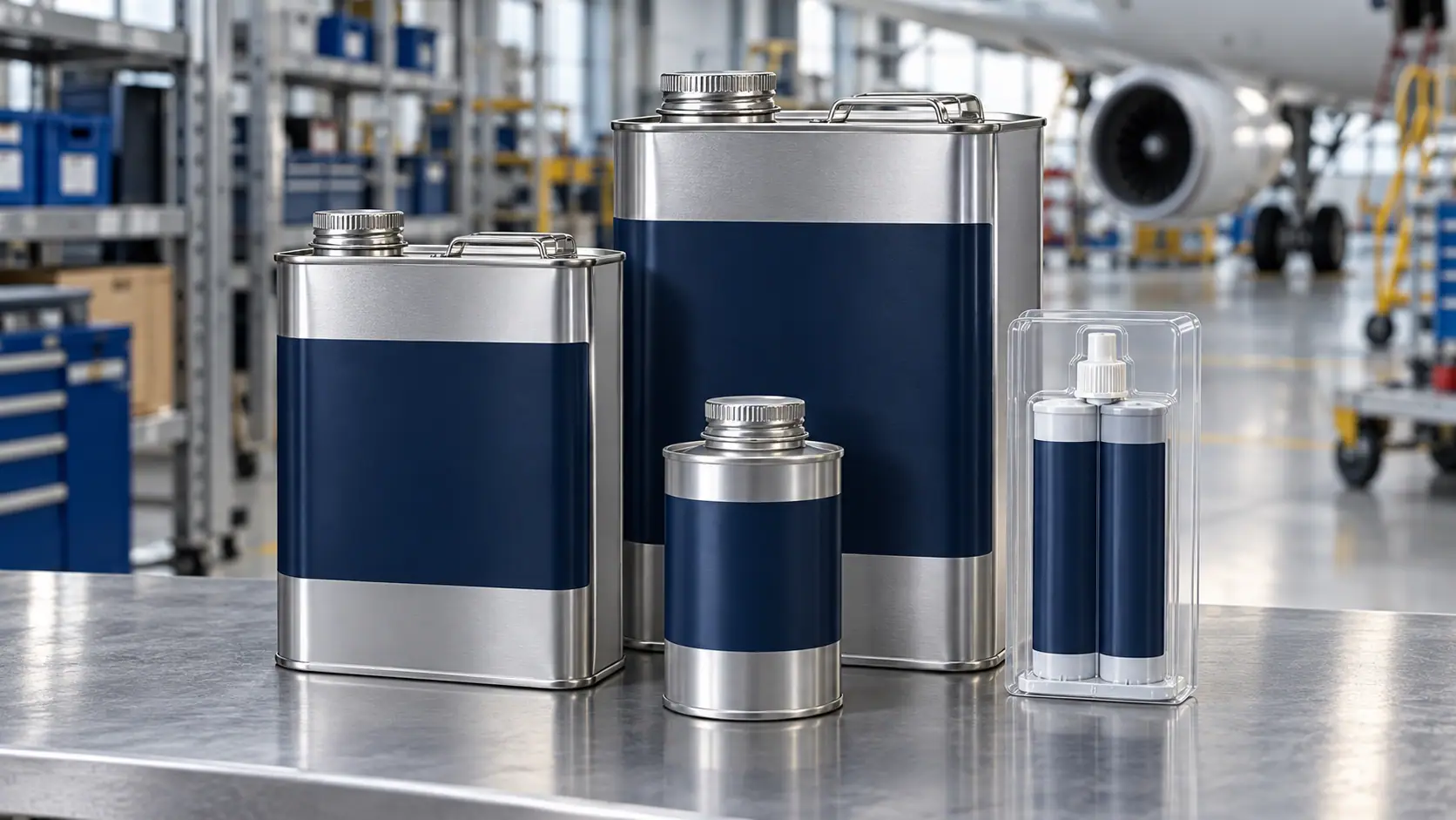 Sealed aviation fluid containers and maintenance sealant packaging
