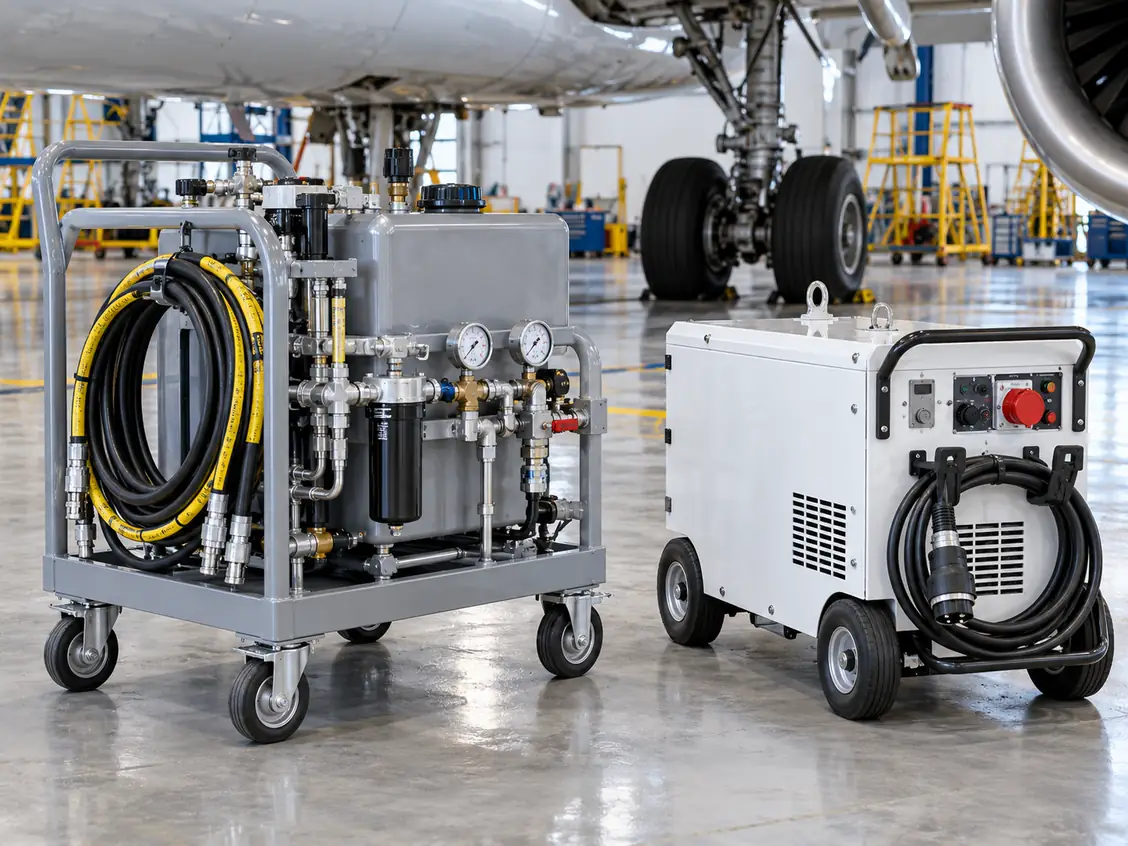 Hydraulic servicing cart and ground power equipment in an aircraft hangar