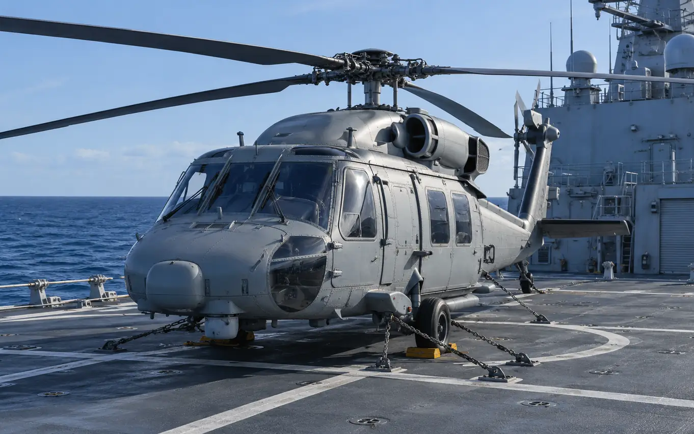 Naval utility helicopter on a ship flight deck