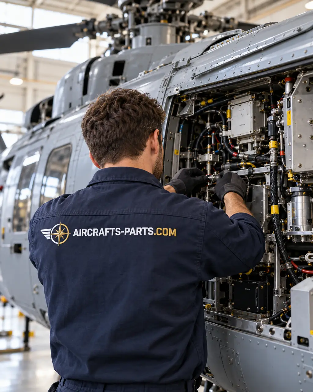 Technician wearing the Aircrafts Parts company logo while inspecting a naval helicopter