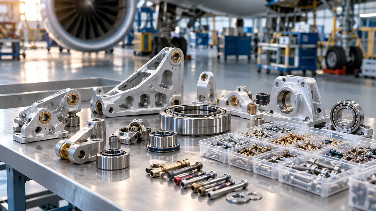 Aircraft brackets bearings and spare parts on inspection bench