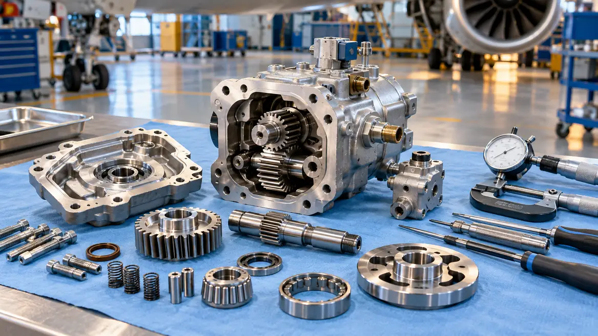 Aircraft hydraulic component disassembled for repair
