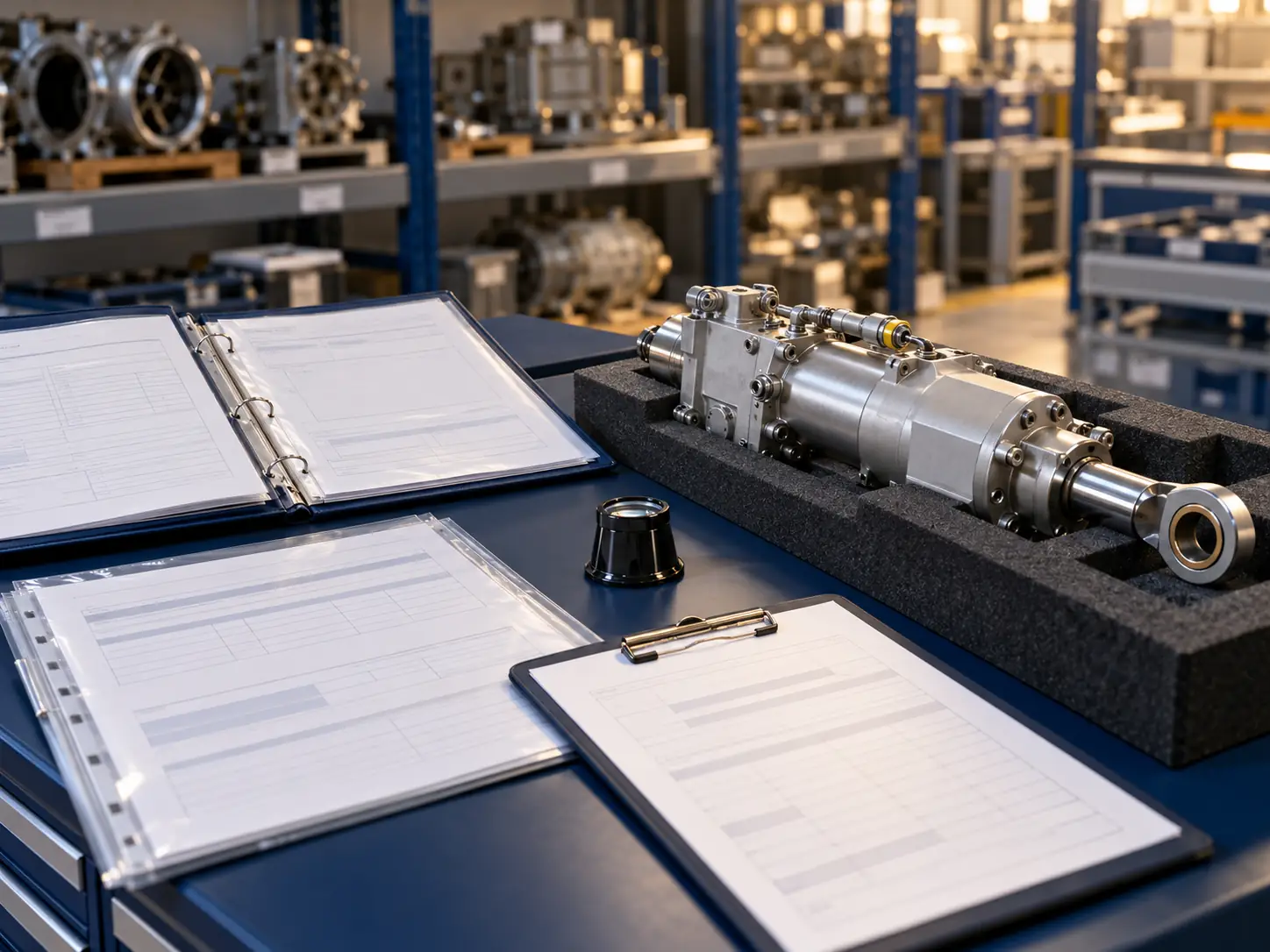 Aircraft component records and inspection paperwork beside an identified hydraulic actuator