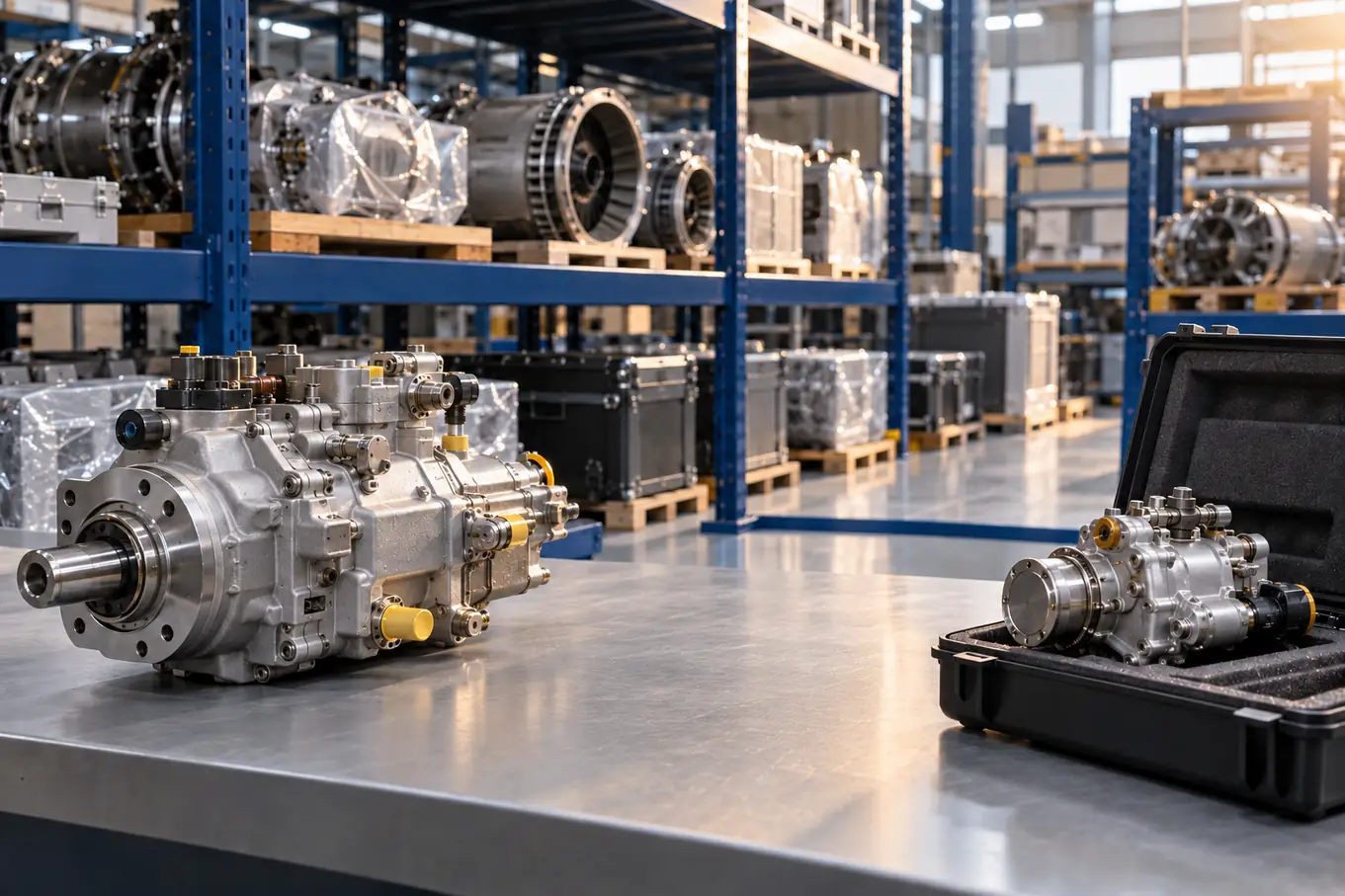 Aircraft components prepared on a clear warehouse workbench