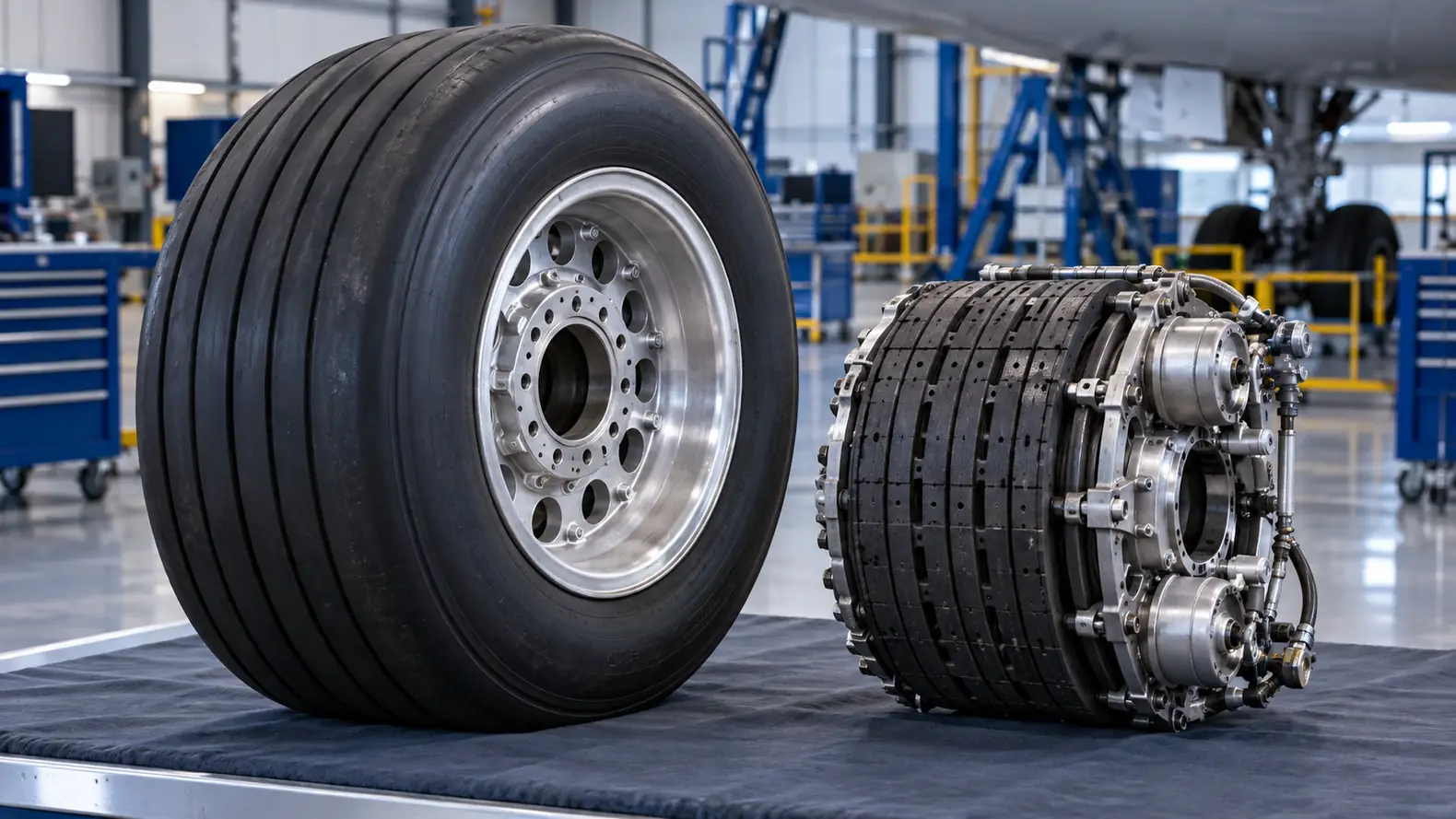 Aircraft wheel and carbon brake unit on an inspection bench