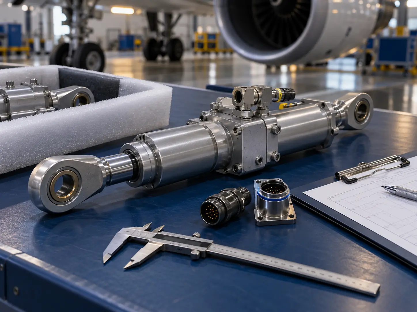 Aircraft components, inspection records and measuring tools on a workbench