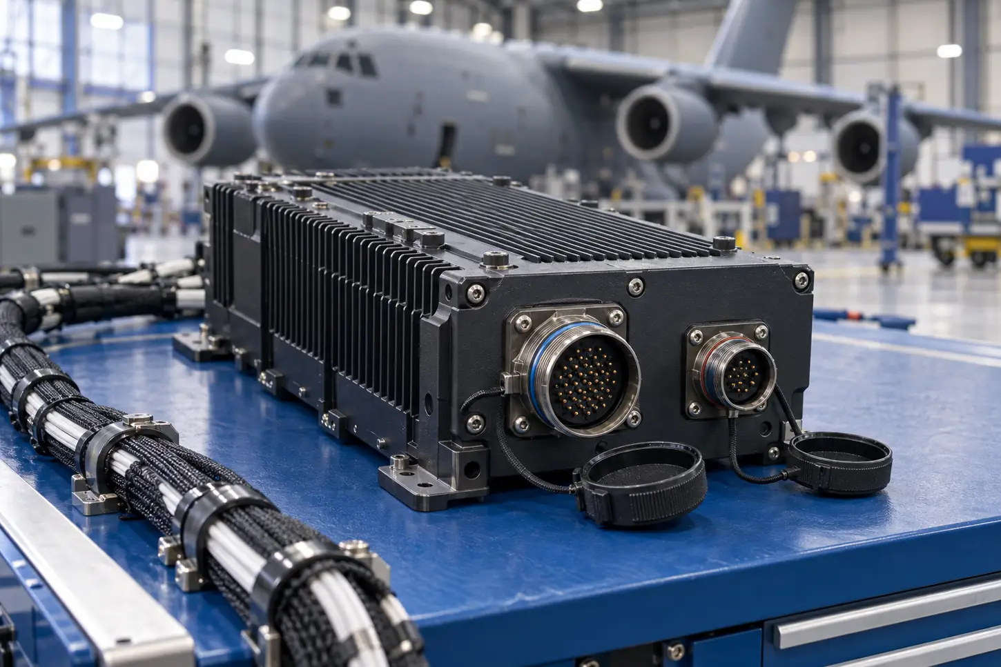 Rugged avionics line-replaceable unit and wiring harness in a military aircraft hangar