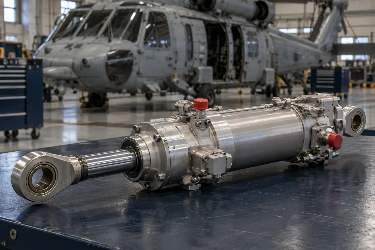 Helicopter hydraulic servoactuator on a naval aviation maintenance bench