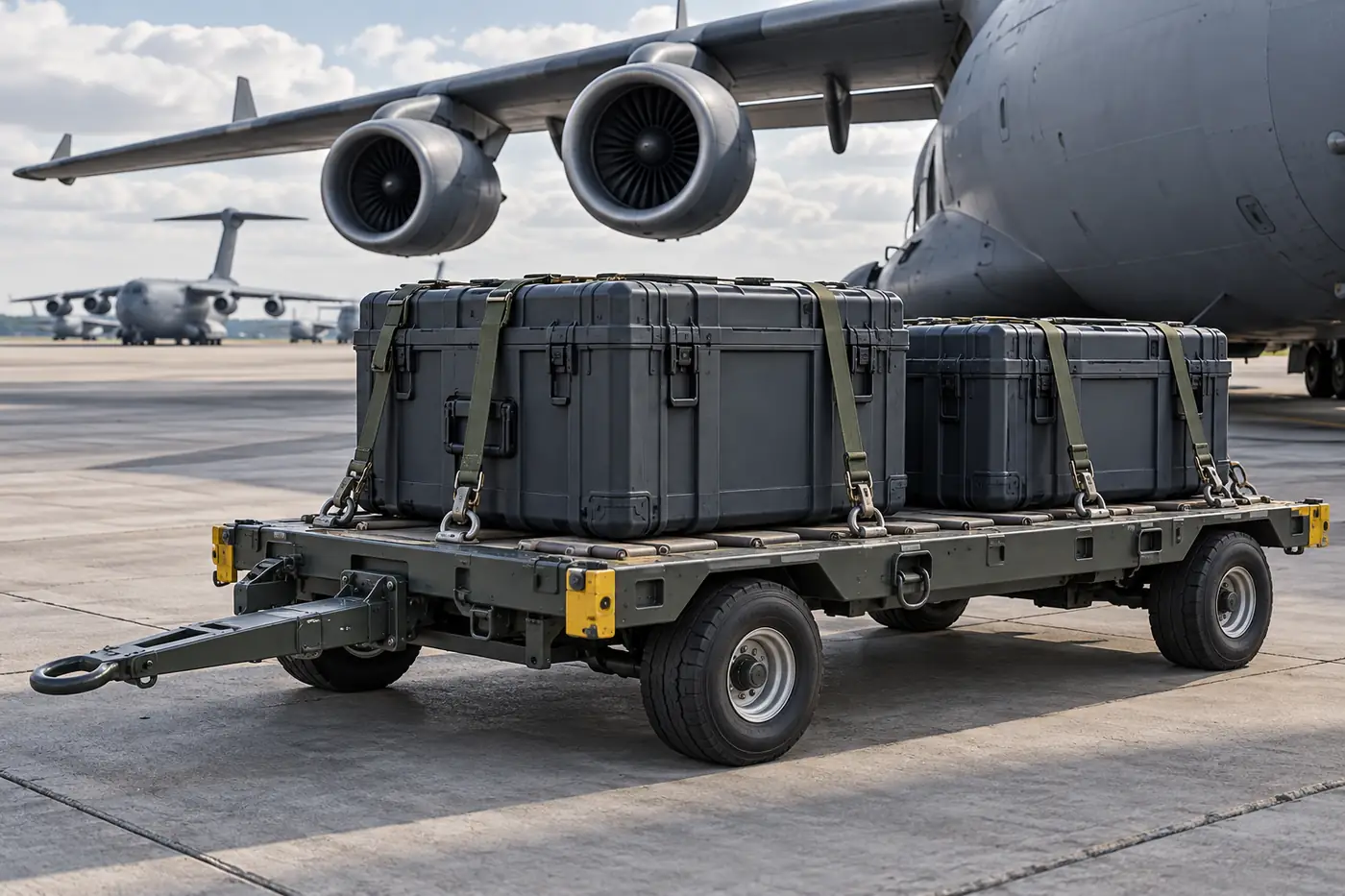 Protective aircraft parts cases secured on a cargo dolly beside a military transport