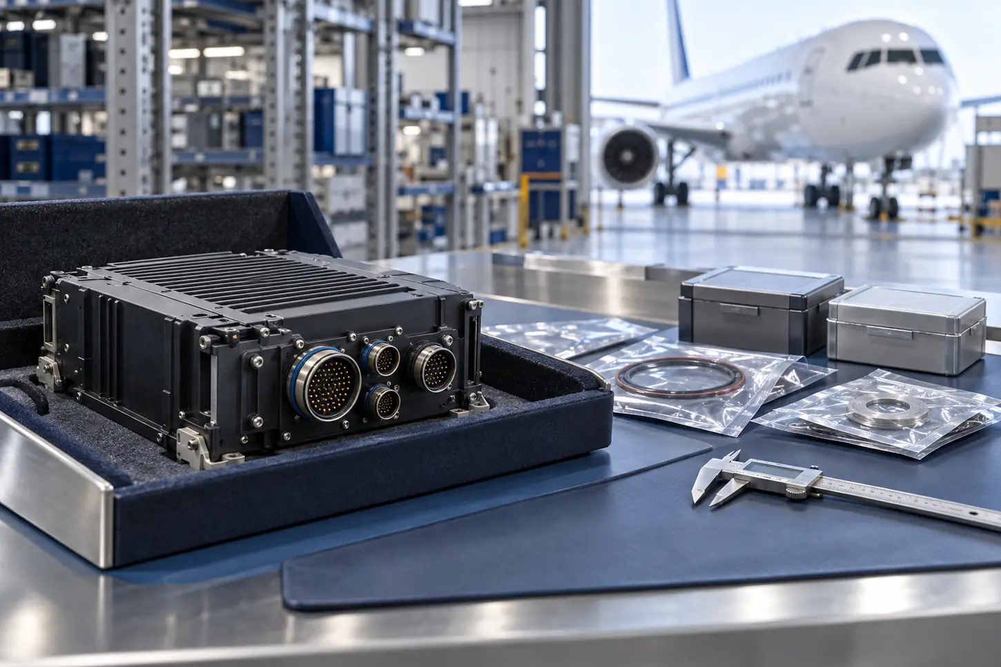 Avionics component and spare parts packaging on a supplier inspection bench
