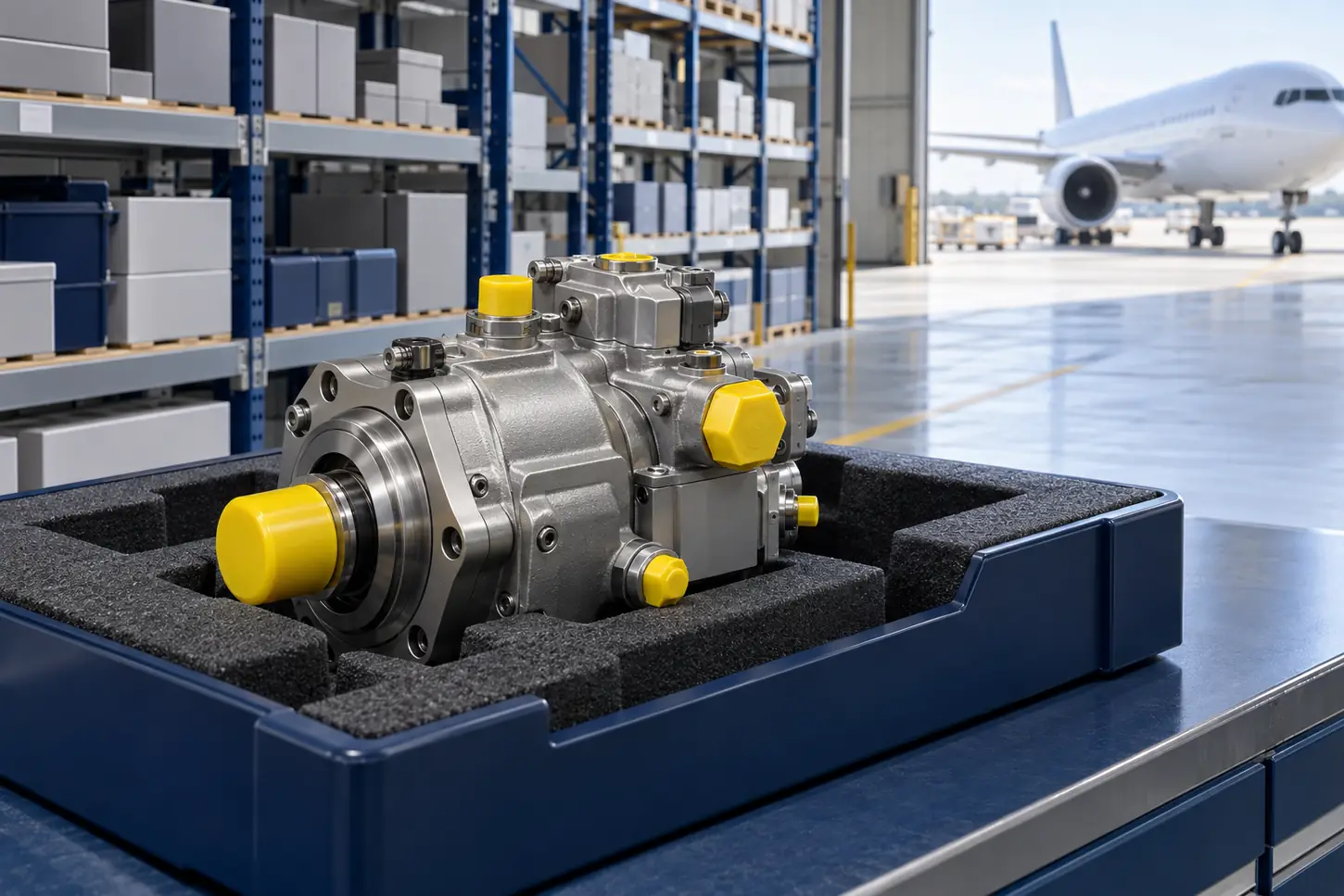 Protected aircraft hydraulic pump in a supplier warehouse receiving area