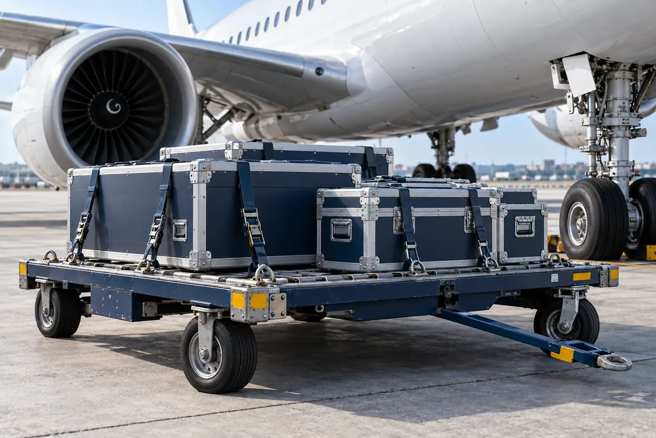Protective aircraft parts cases secured on a dolly beside a commercial passenger aircraft