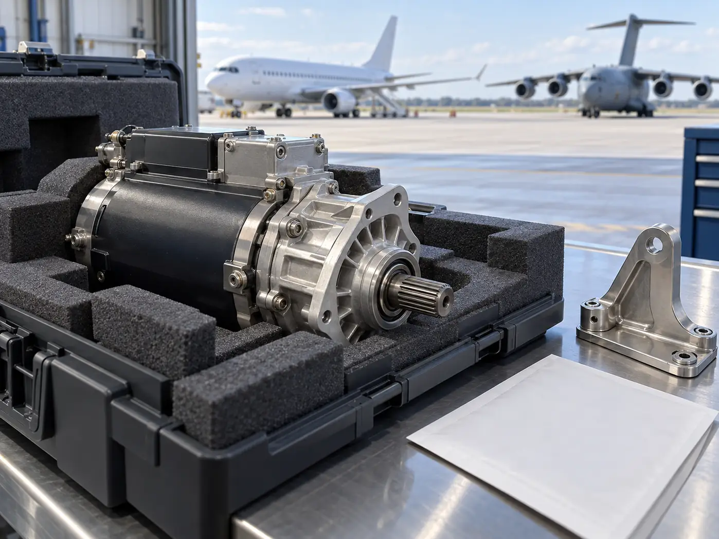 Aircraft starter generator in protective packaging at a receiving bench