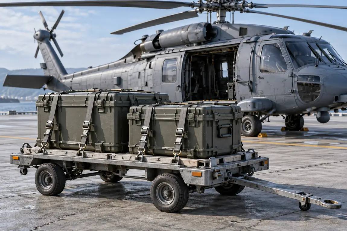 Military aviation spares cases secured beside a naval helicopter
