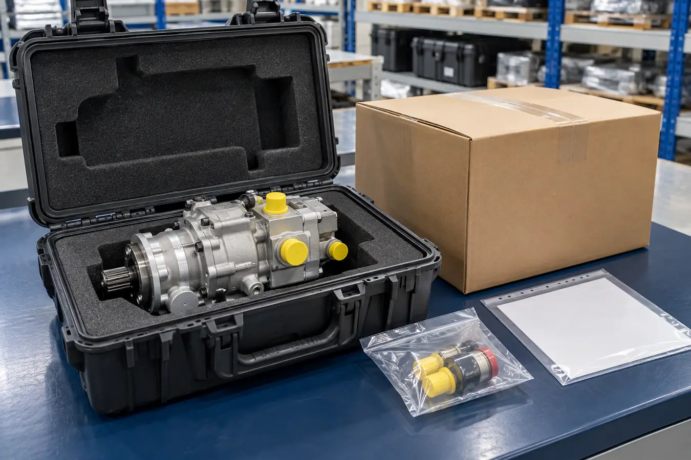 Aircraft hydraulic component protected in shaped foam for packaging and dispatch