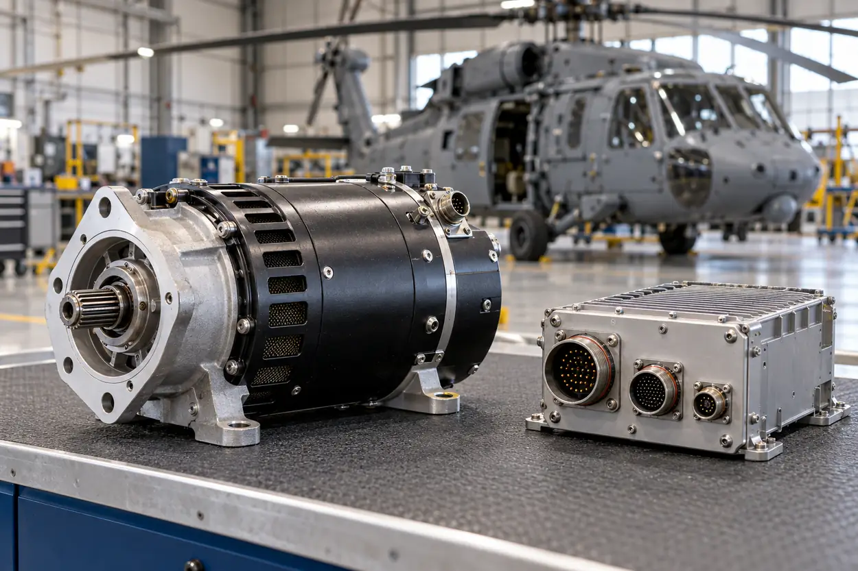 Aircraft starter generator and avionics unit with a military helicopter in the hangar