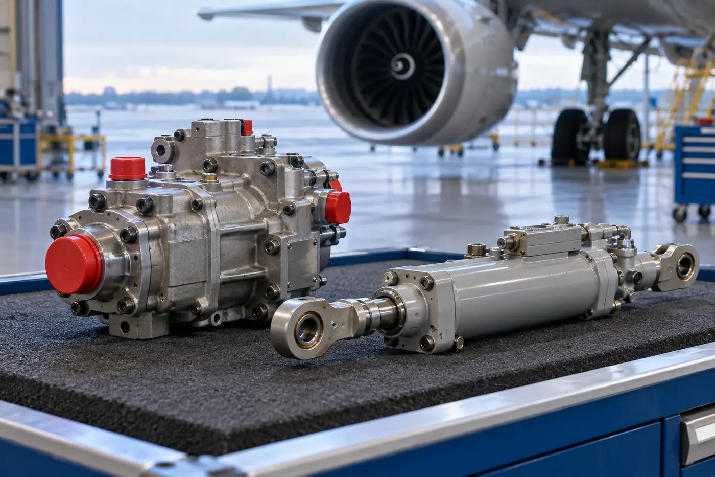 Aircraft hydraulic pump and actuator on a receiving bench beside a commercial jet