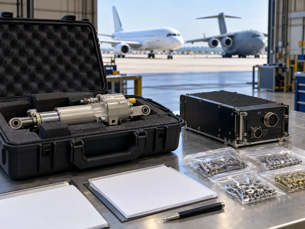 Aircraft actuator avionics and fasteners with commercial and military aircraft outside