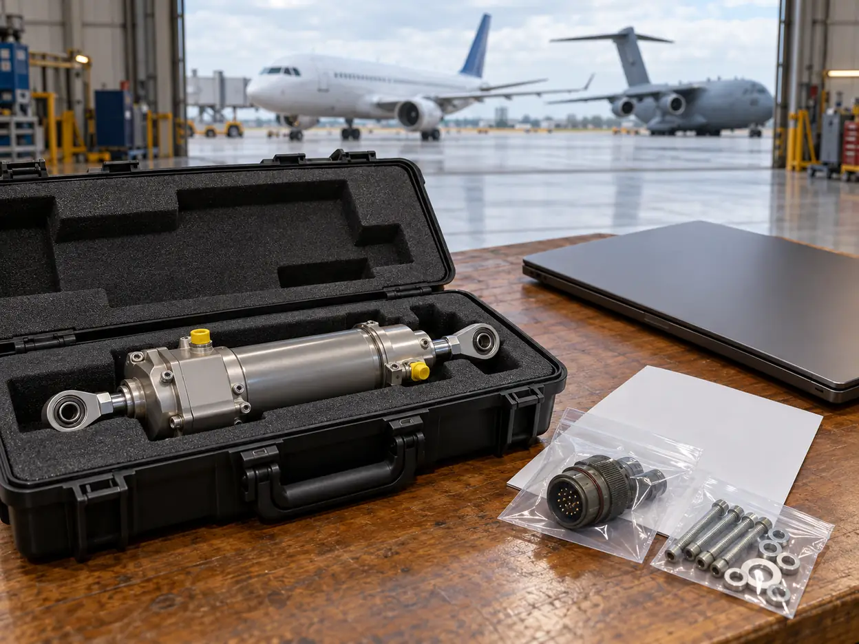 Protected aircraft actuator and connector beside laptop and blank procurement records