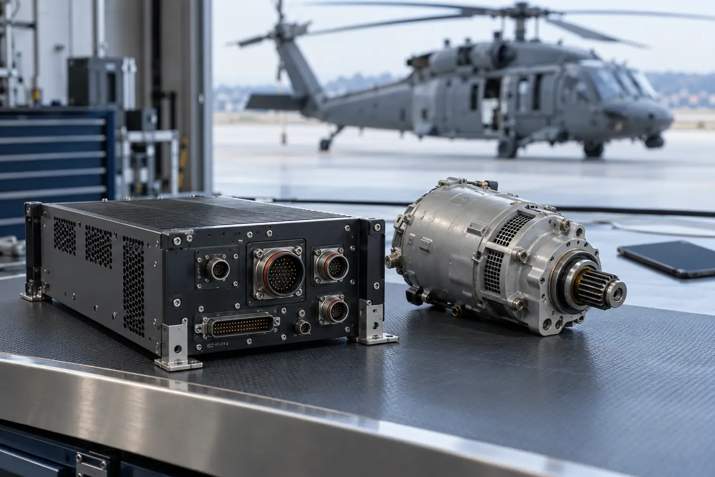 Avionics unit and starter generator beside a tablet with military helicopter outside