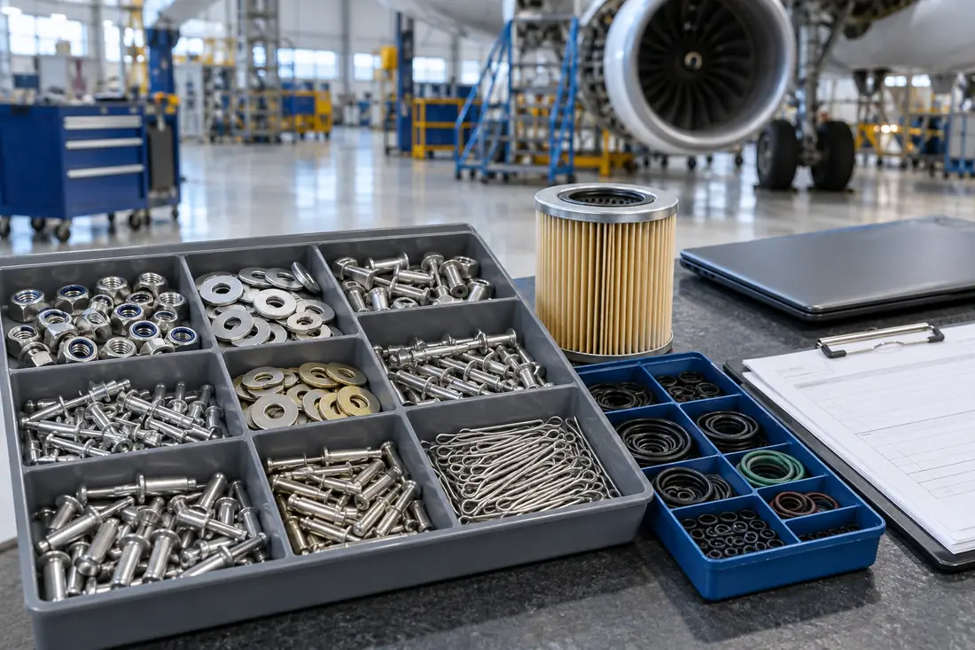 Aircraft maintenance hardware filter and seals beside online procurement equipment