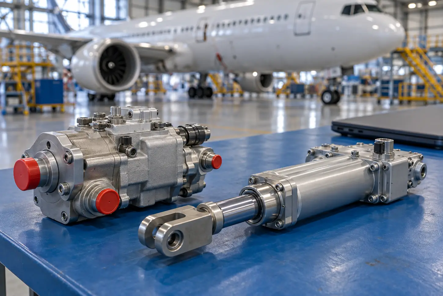 Hydraulic pump and actuator beside procurement equipment in a commercial aircraft hangar