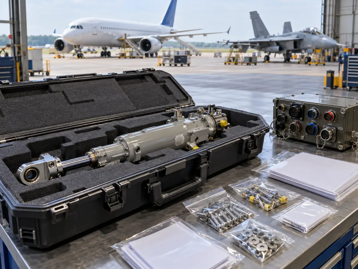 Aircraft spare actuator and packaged hardware with commercial and military aircraft outside