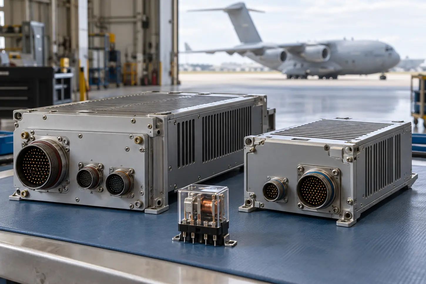 Avionics spare units and electrical relay with military aircraft in the background