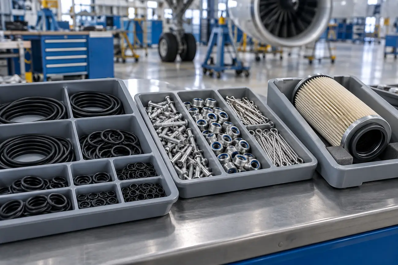 Aircraft spare filters seals rivets and locking hardware organized in trays