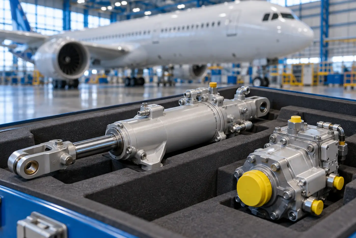 Aircraft hydraulic pump and actuator spares on a protective receiving bench