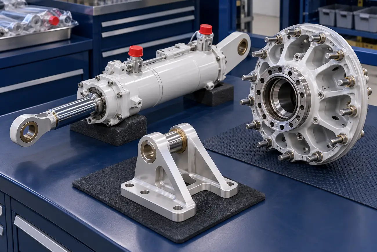 Aircraft hydraulic actuator, wheel hub and machined airframe bracket