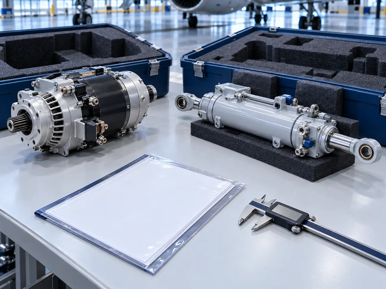 Aircraft starter-generator and actuator beside documentation and protective transit cases