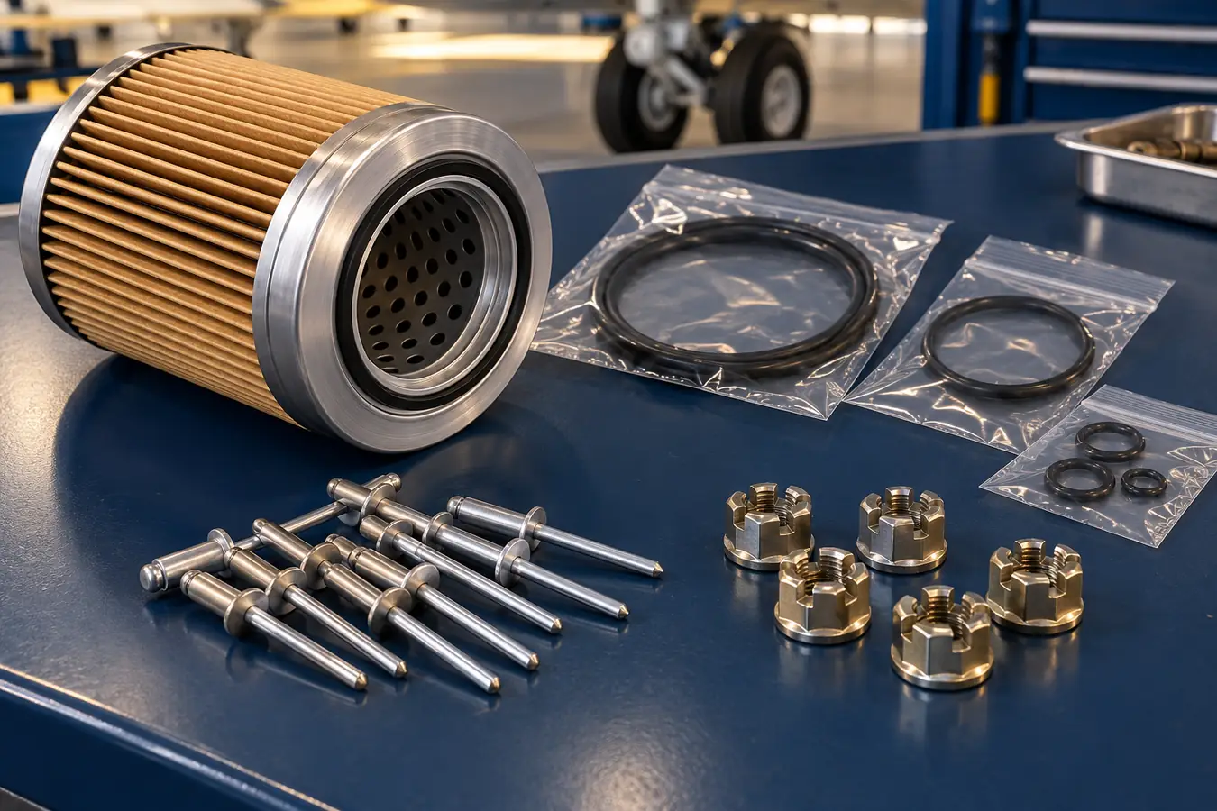 Aircraft filter cartridge, packaged O-rings, rivets and castellated nuts
