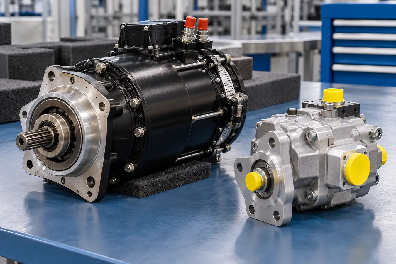 Aircraft starter-generator and capped hydraulic pump on an inspection bench
