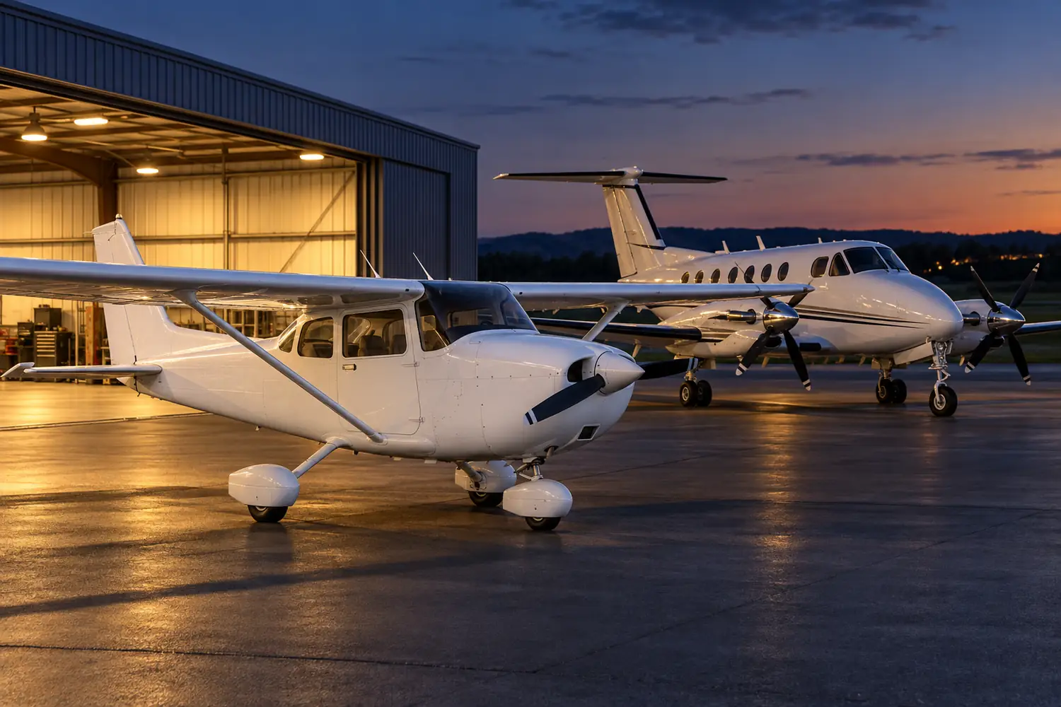 Piston and utility turboprop aircraft outside a hangar