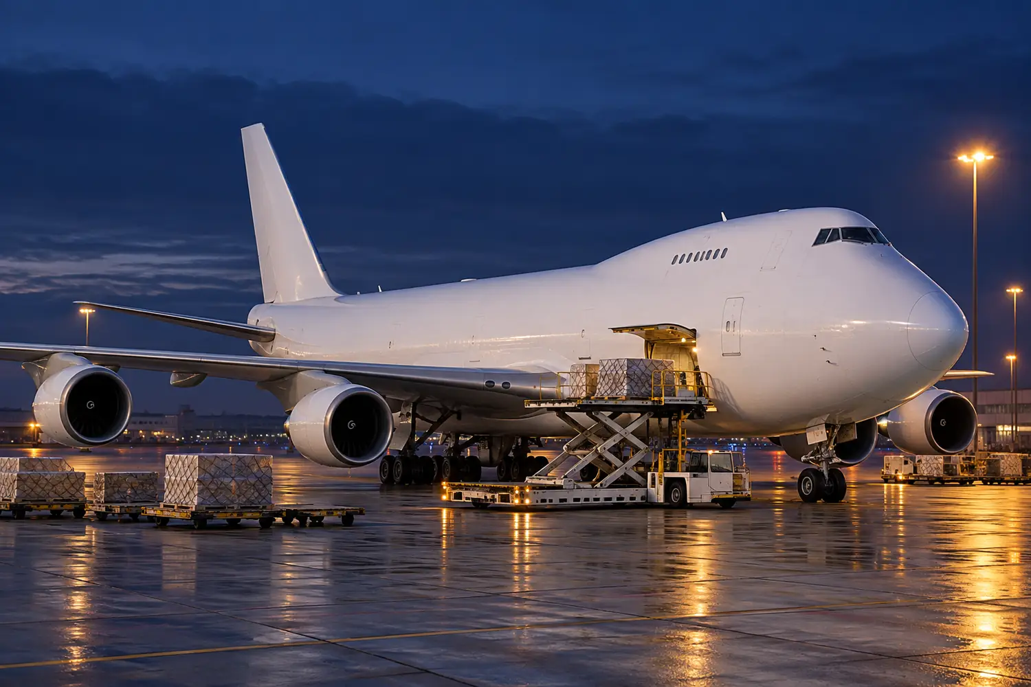 Wide-body cargo aircraft with loading equipment